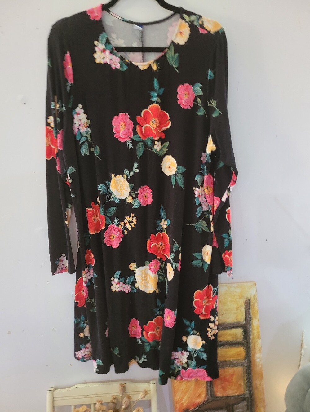 Old Navy 2X Black Long-Sleeve Floral Swing Dress